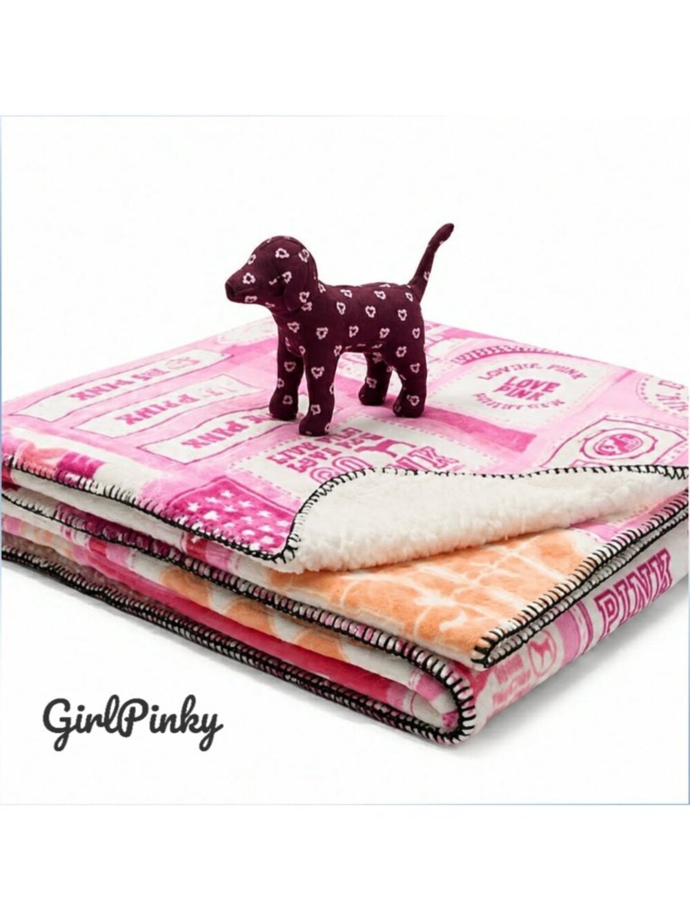 VS PINK FRIDAY COLOR-BLOCK FLEECE COZY BLANKET & MAROON MINI DOG LOVEY BUNDLE